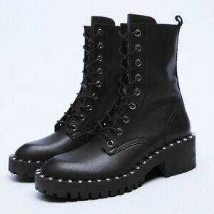 ZARA Studded Black Leather Low Heel Lace Up Zip Combat Boots 10 NWT